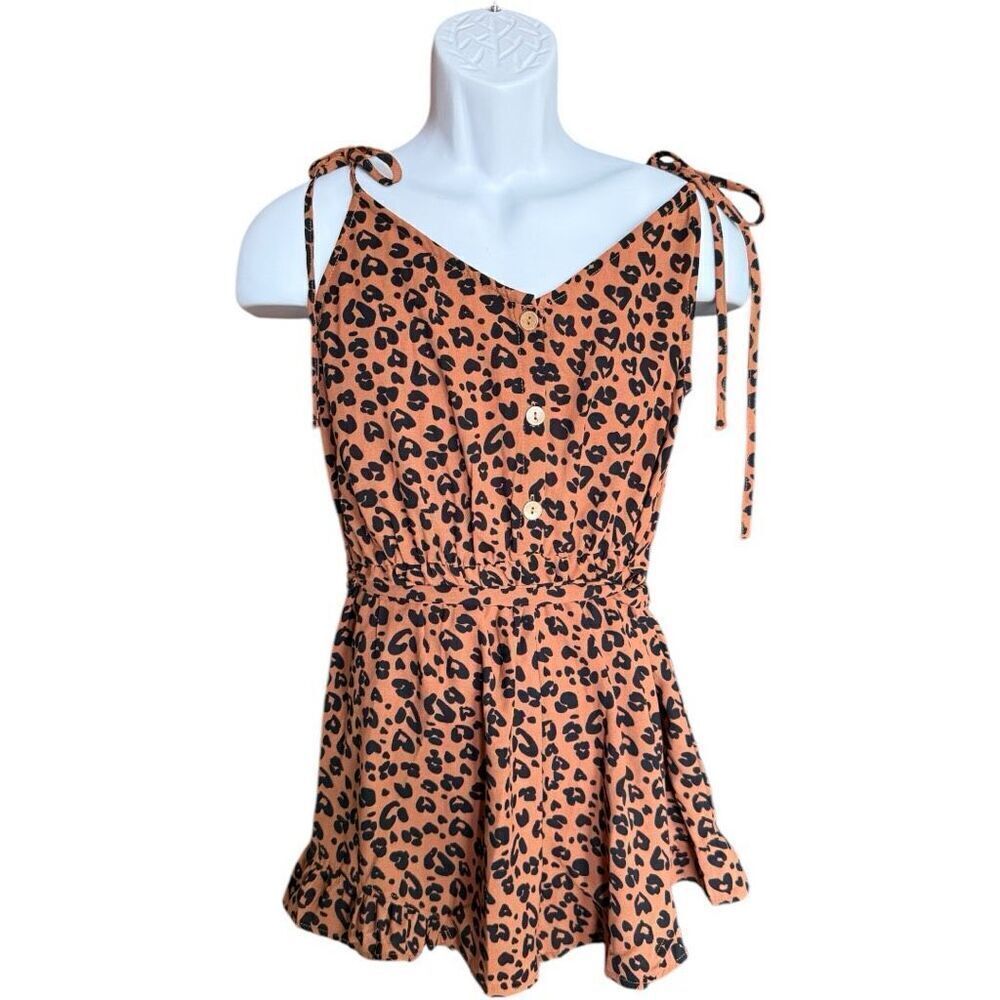 New Womens Shein All Day Vcay Tie Shoulder Leopard Animal Print Romper - Sz L